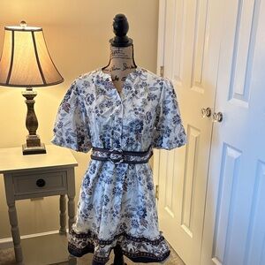 Floral Blue and White Dress with Belt